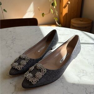 Manolo Blahnik HANGISIFLAT GLITTER Women's Shoes with Crystal Embellishments